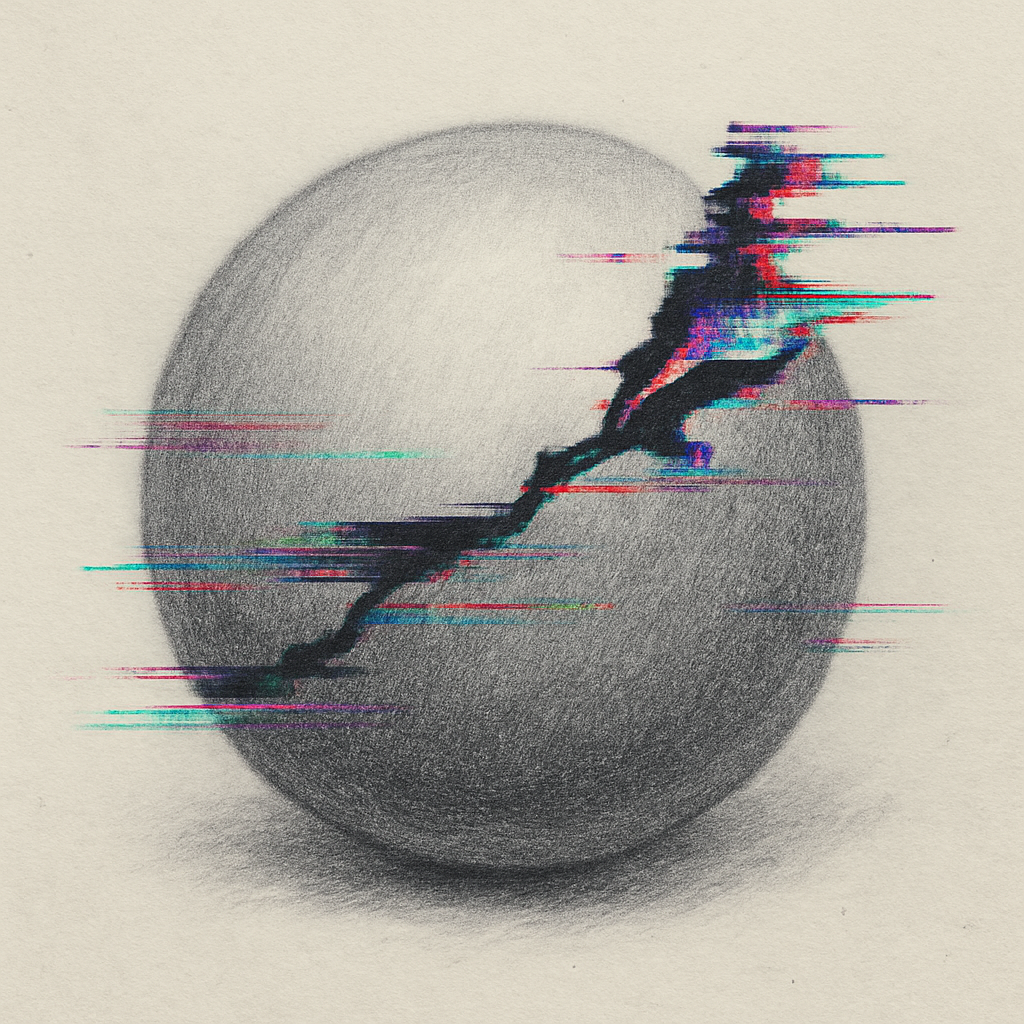 Glitch-art sphere — hybrid AI and graphite artwork by DEM/ELIEN