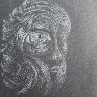Her Hair – graphite drawing with spiral hair and central eye