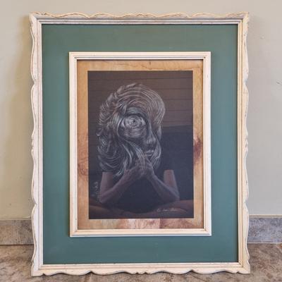 Her Reflection – framed figure with spiral eye and layered lines